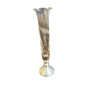 Vintage Web Pewter Etched‎ Glass Crystal Bud Vase Weighted Base Wheat Pattern 7"